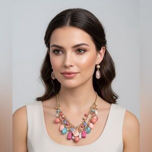 Chic Gold and Pink Necklace with Earrings